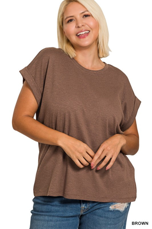 Solid Slub Round Neck Rolled Sleeve Top