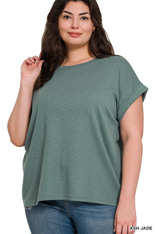 Solid Slub Round Neck Rolled Sleeve Top