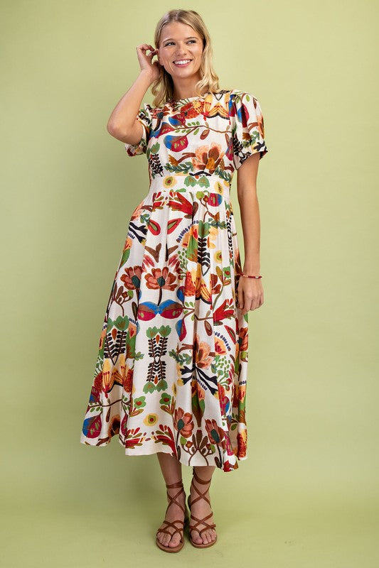 Geo Floral Round Neck Midi Dress- Brown