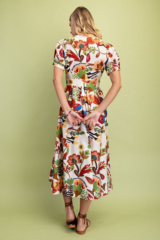 Geo Floral Round Neck Midi Dress- Brown