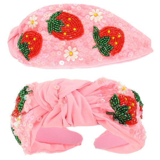 Strawberry Sequin Knotted Headband-Pink