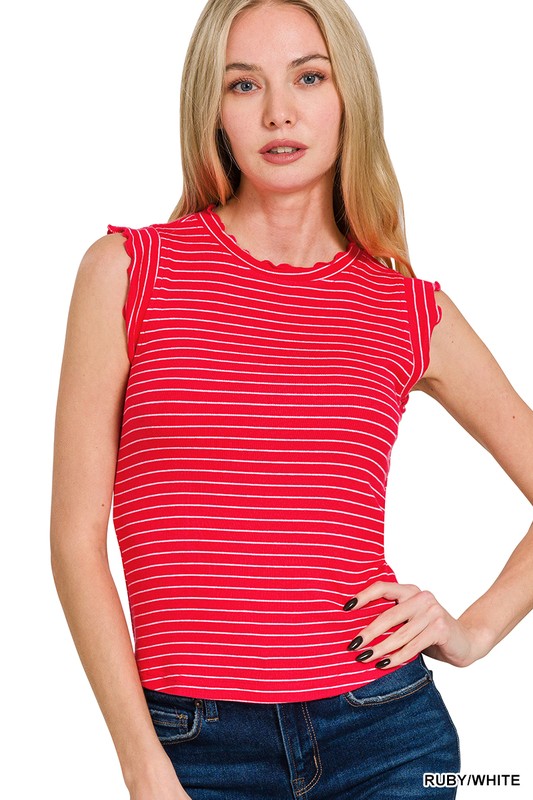 Striped Ribbed Ruffle Sleeveless Top