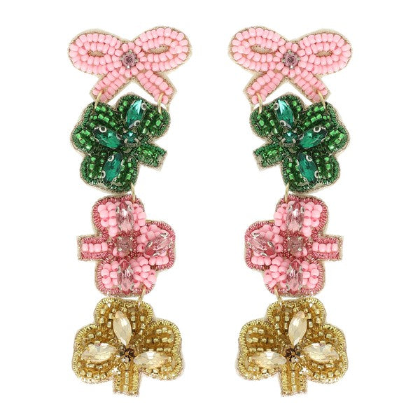 Bow & Clovers Beaded Drop Earring-Pink