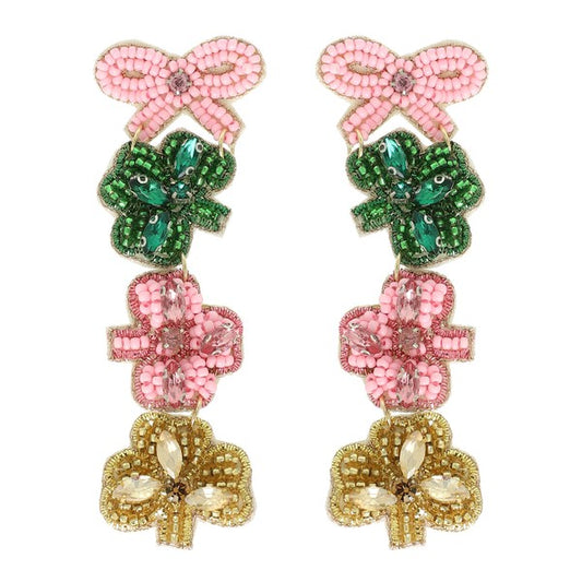 Bow & Clovers Beaded Drop Earring-Pink