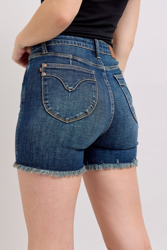 HW Tummy Control Shield Pocket Fray Hem Denim Shorts-Dark