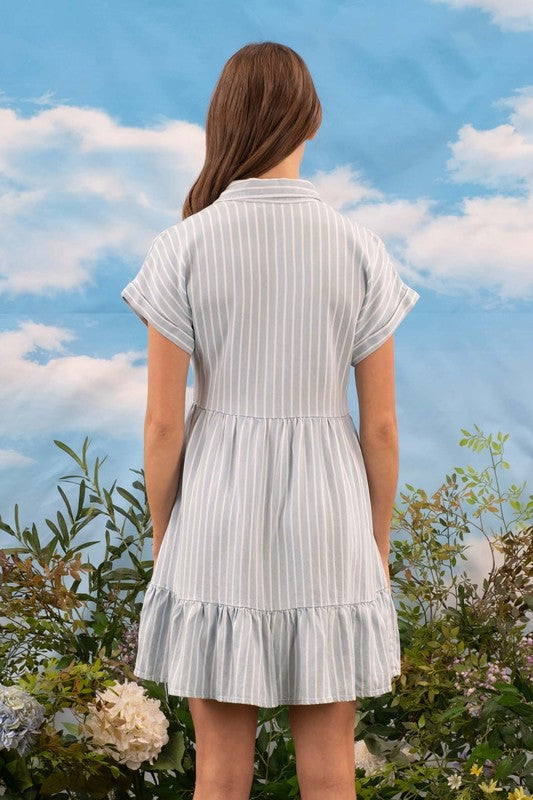 Striped Button Down Ruffle Hem Dress-Chambray
