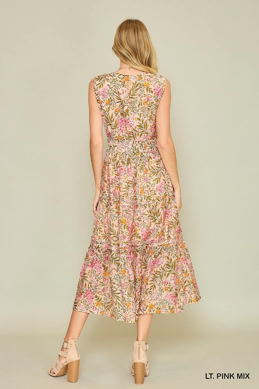 Floral Sleeveless V-Neck Drawstring Waist Midi Dress-Pink