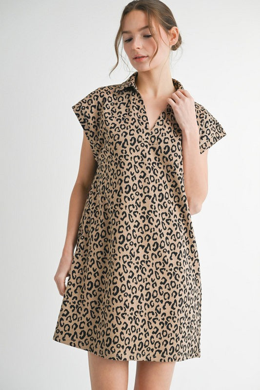 Leopard Open Collar Back Pleat Dress