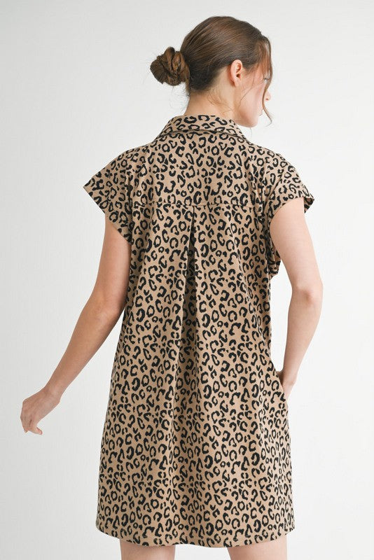 Leopard Open Collar Back Pleat Dress