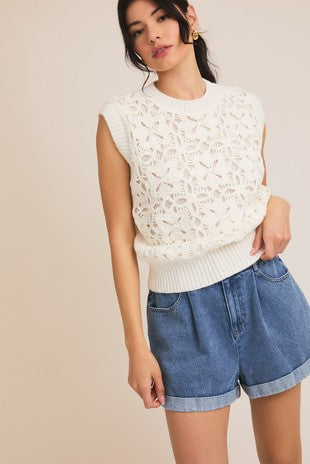 Sleeveless Floral Crochet Round Neck Sweater Top-Cream