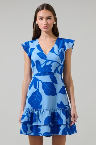 Floral V-Neck Cap Sleeve Ruffled Hem Dress-Blue