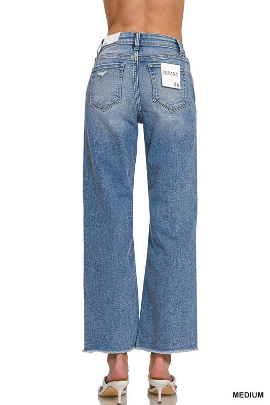 High Waist Straight Leg Fray Hem Denim-Med Wash