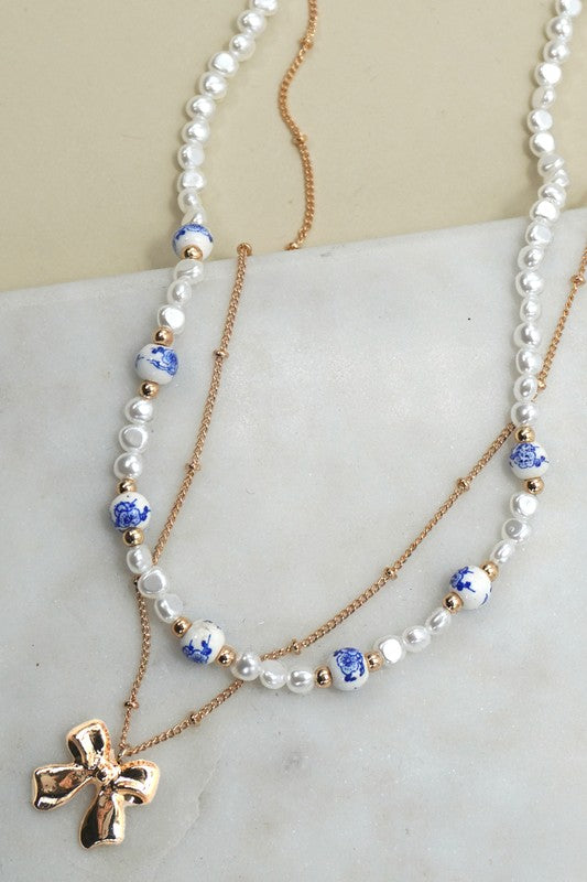 Blue Floral Ceramic Bead Layered Bow Necklace