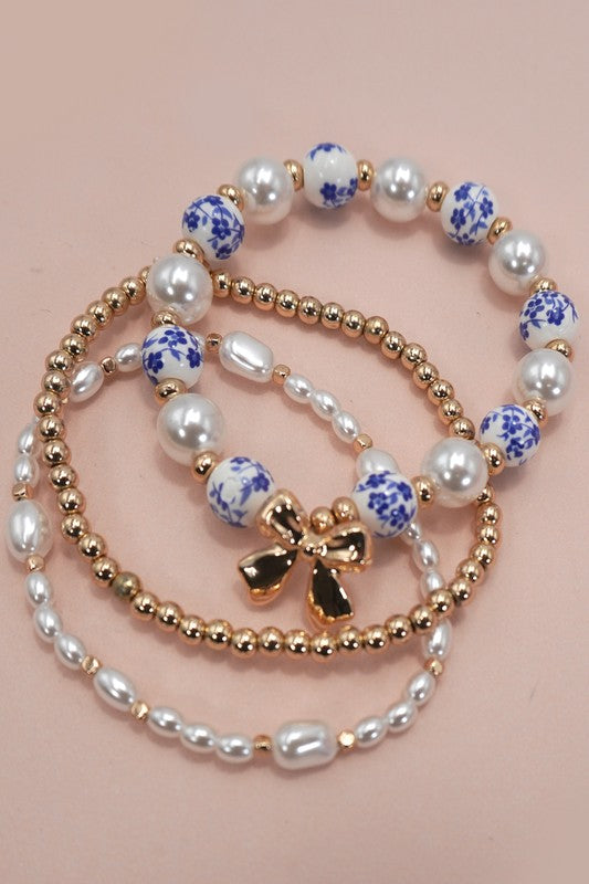 Floral Ceramic Bead, Pearl & Bow Bracelet Set-Blue