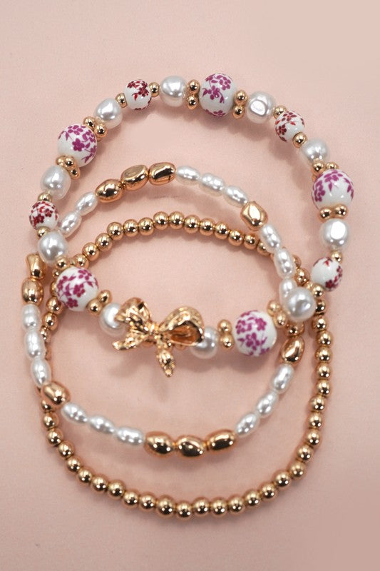 Pink Floral Ceramic Bead & Bow Bracelet Set