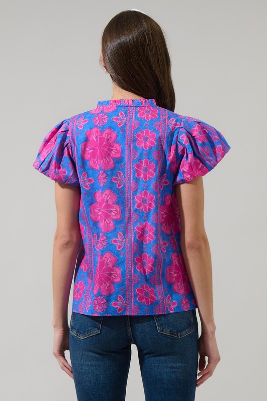 Floral Split Neck Puff Sleeve Top-Blue/Fuchsia