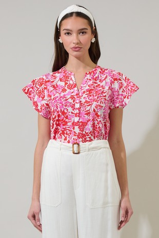 Floral Button Placket Flutter Sleeve Top-Pink