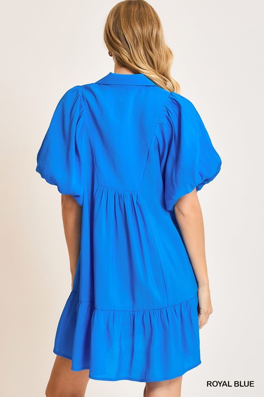 Solid Smocked Yoke Balloon Sleeve Tiered Dress