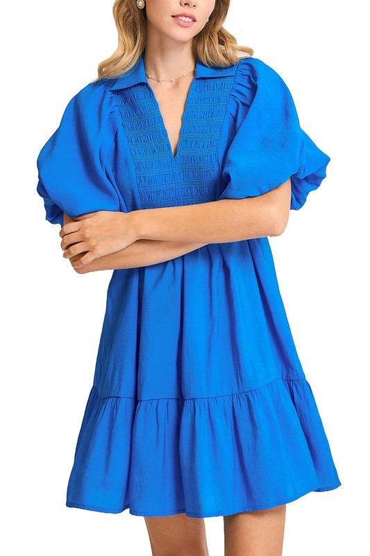 Solid Smocked Yoke Balloon Sleeve Tiered Dress