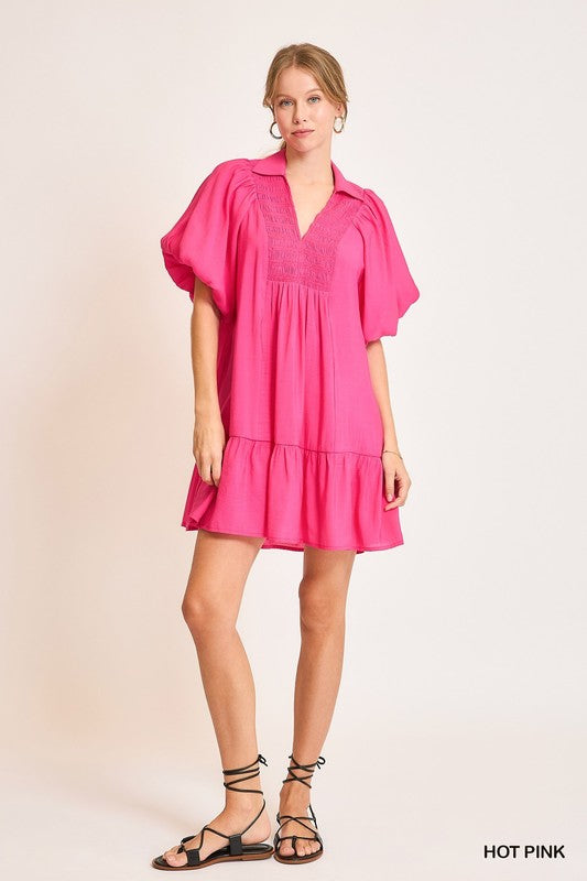 Solid Smocked Yoke Balloon Sleeve Tiered Dress
