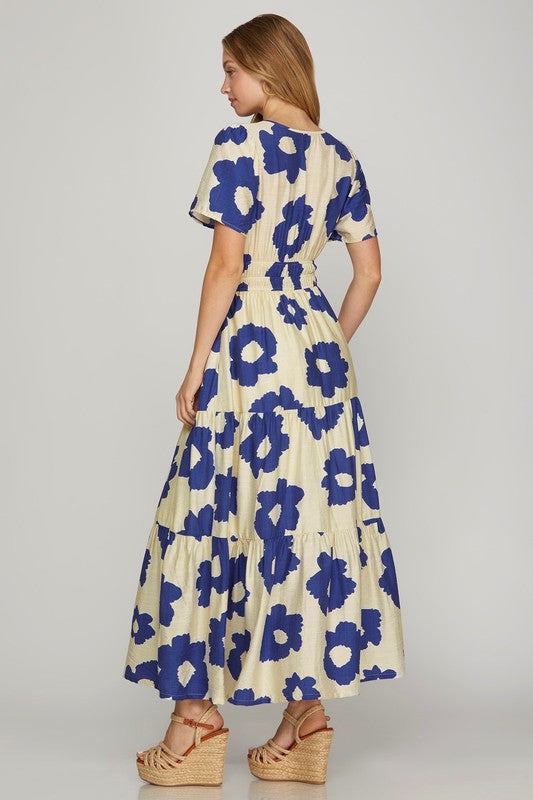 Floral Notch Neck Gathered Wasit Tiered Maxi Dress-Royal
