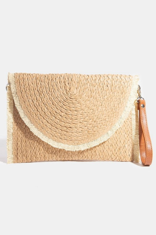 Straw Rounded Fray Edge Envelope Clutch