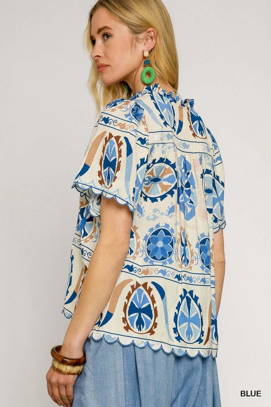 Medallion Print Scallop Trim Tie Neck Top-Blue