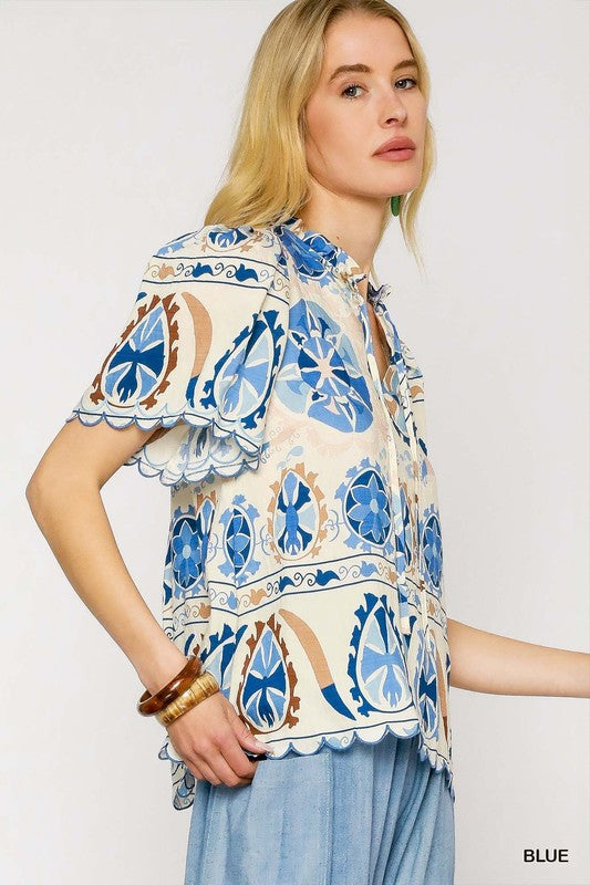 Medallion Print Scallop Trim Tie Neck Top-Blue