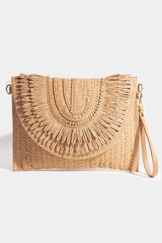 Straw Double Row Fringe Envelope Clutch