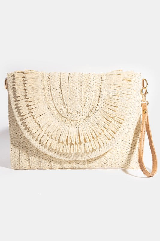 Straw Double Row Fringe Envelope Clutch