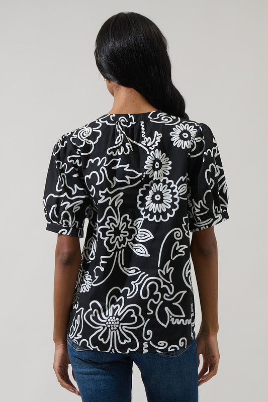 Floral Outline Split Neck Puff Sleeve Top-Black