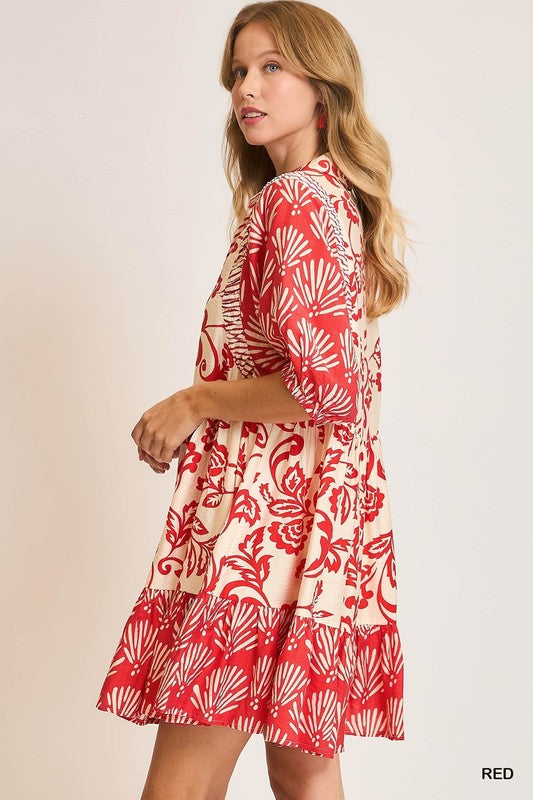Mixed Print Collared Tie Neck Tiered Dress-Red
