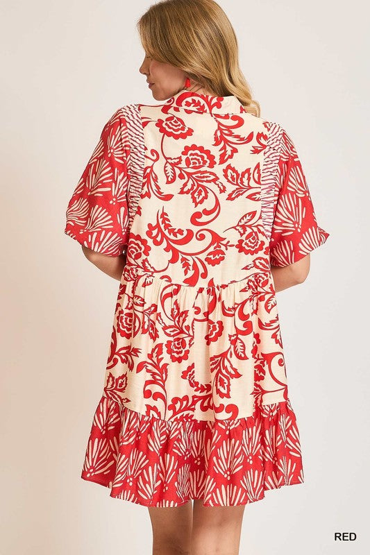 Mixed Print Collared Tie Neck Tiered Dress-Red