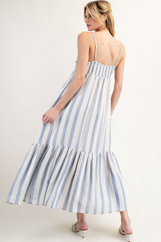 Vertical Striped Smocked Back Tank Maxi Dress-Blue