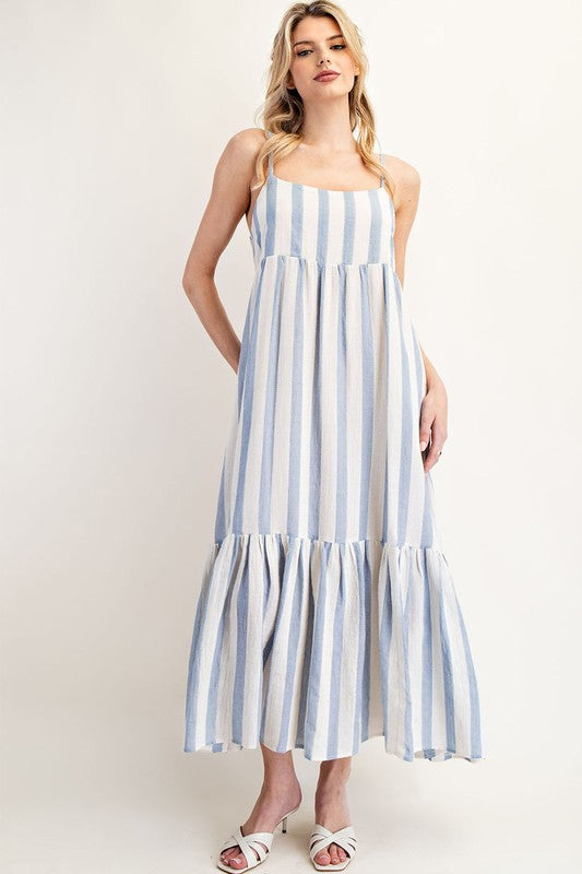 Vertical Striped Smocked Back Tank Maxi Dress-Blue