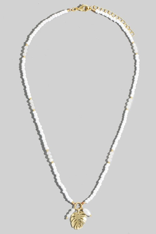 Beaded Monstera Charms Necklace-White