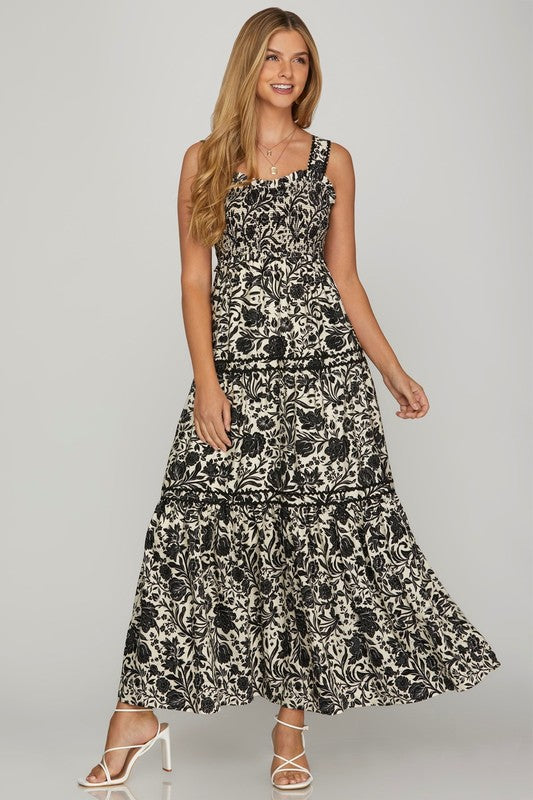Sleeveless Floral Maxi Dress w/ Ric Rac Tiered Trim-Black