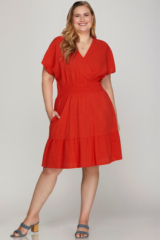 Solid Surplice Dolman Sleeve Tiered Dress-Red