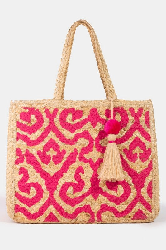 Filigree Jute Tassel Tote Bag-Fuchsia