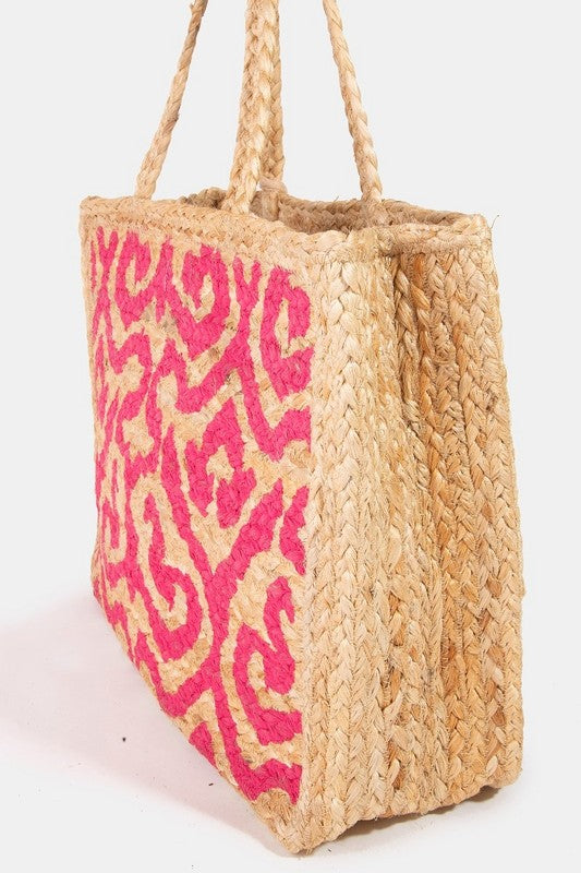 Filigree Jute Tassel Tote Bag-Fuchsia