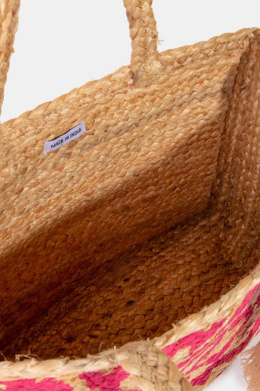 Filigree Jute Tassel Tote Bag-Fuchsia