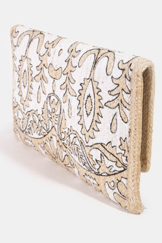 Filigree Floral Jute Envelope Clutch Bag-Ivory