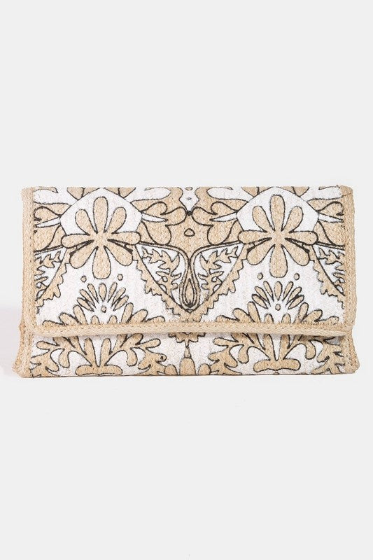 Filigree Floral Jute Envelope Clutch Bag-Ivory