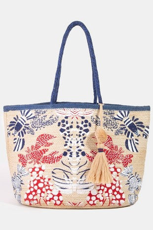 Lobster Print Tassel Jute Tote-RWB