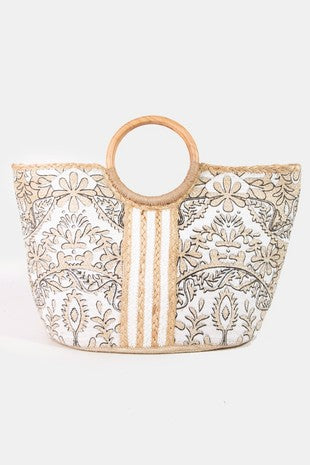 Filigree Floral Stripe Jute Tote-Ivory