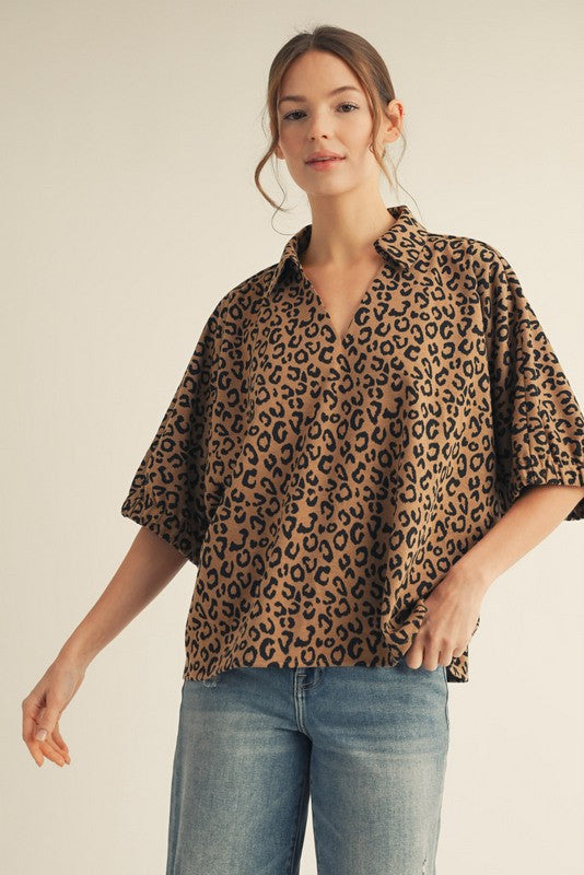 Leopard Drop Shoulder Collared Top