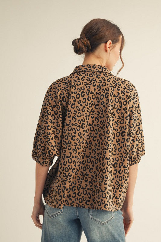 Leopard Drop Shoulder Collared Top
