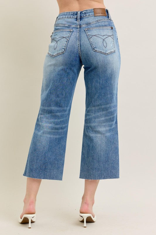 High Waist Raw Hem Cut Crop Wide Leg Denim