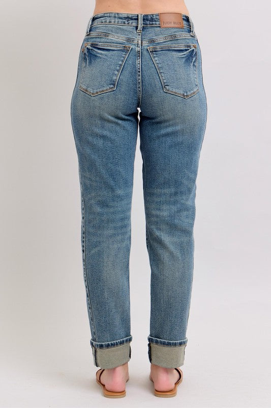 Medium Rise Double Side Panel Seam Cuffed Denim