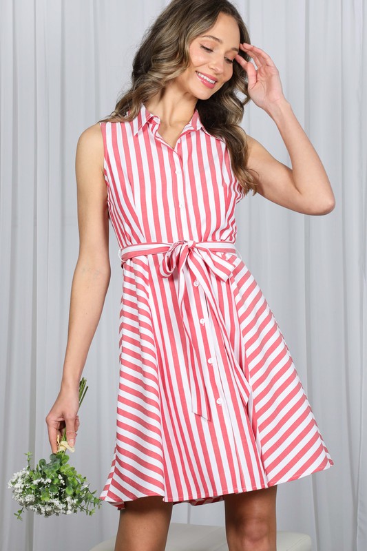 Striped Sleeveless Collared Button Down Belted Dress